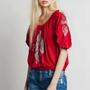 Free People Boho Embroidered Top S – Open Back Flutter Sleeve Red Festival EUC